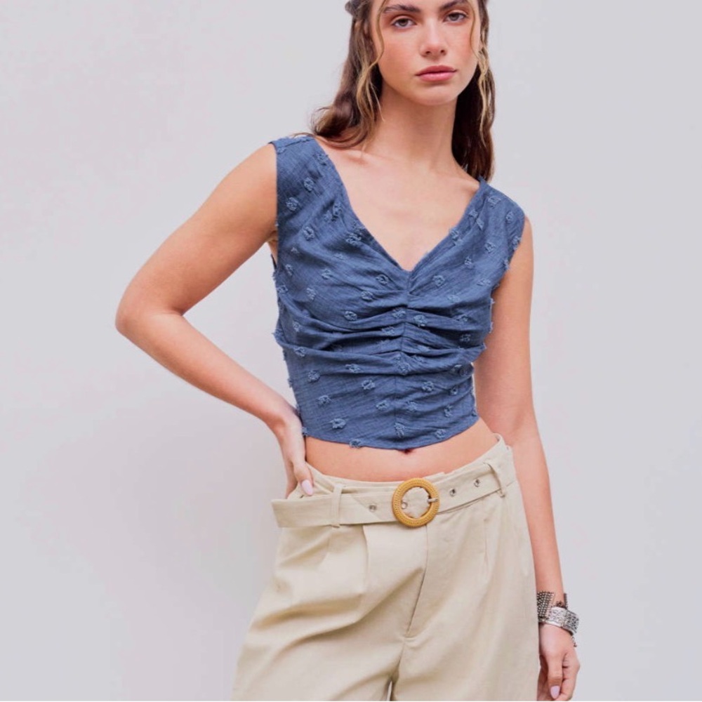 Ruched V-Neck Crop Top in Dusty Blue